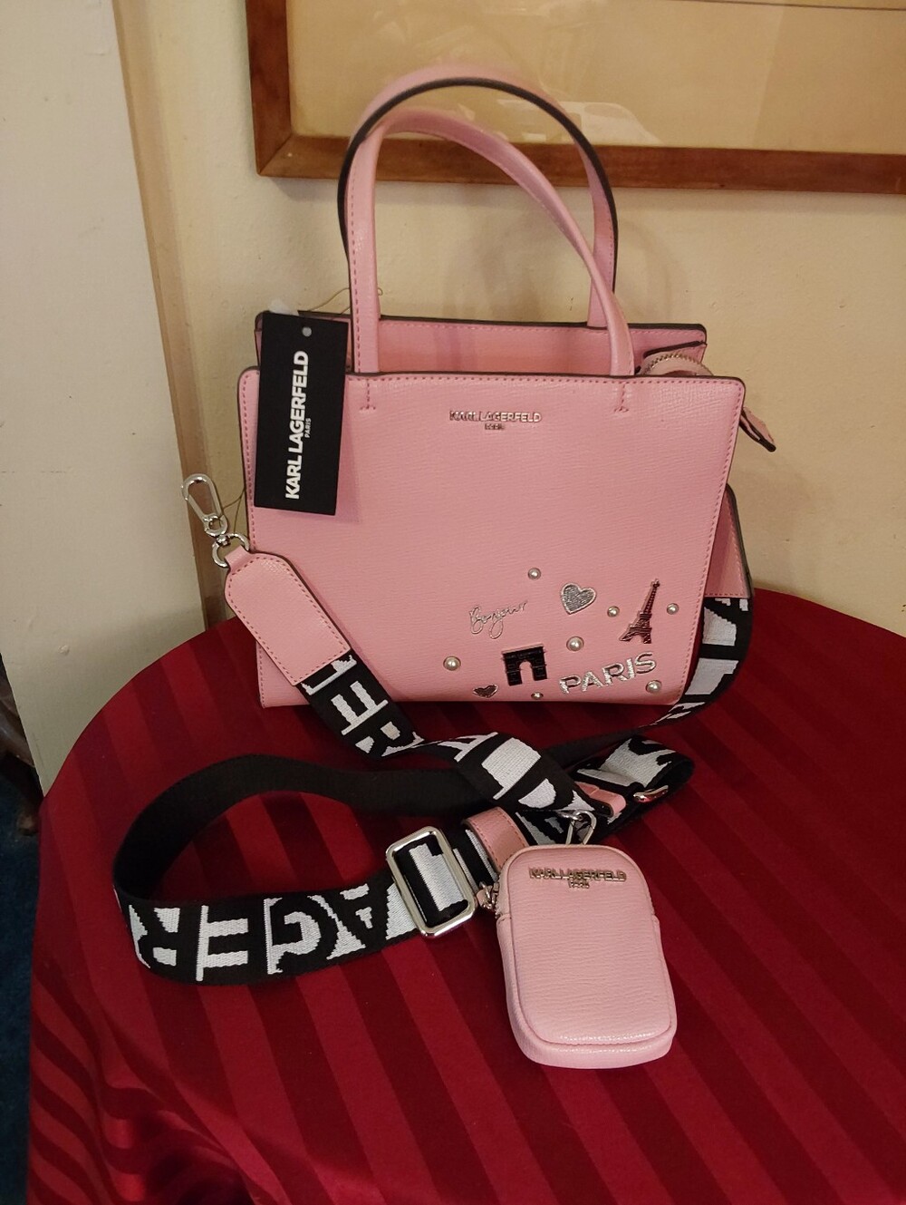 NWT Karl Lagerfeld Maybelle Crossbody Bag, Pink Paris Leather, Guitar Strap